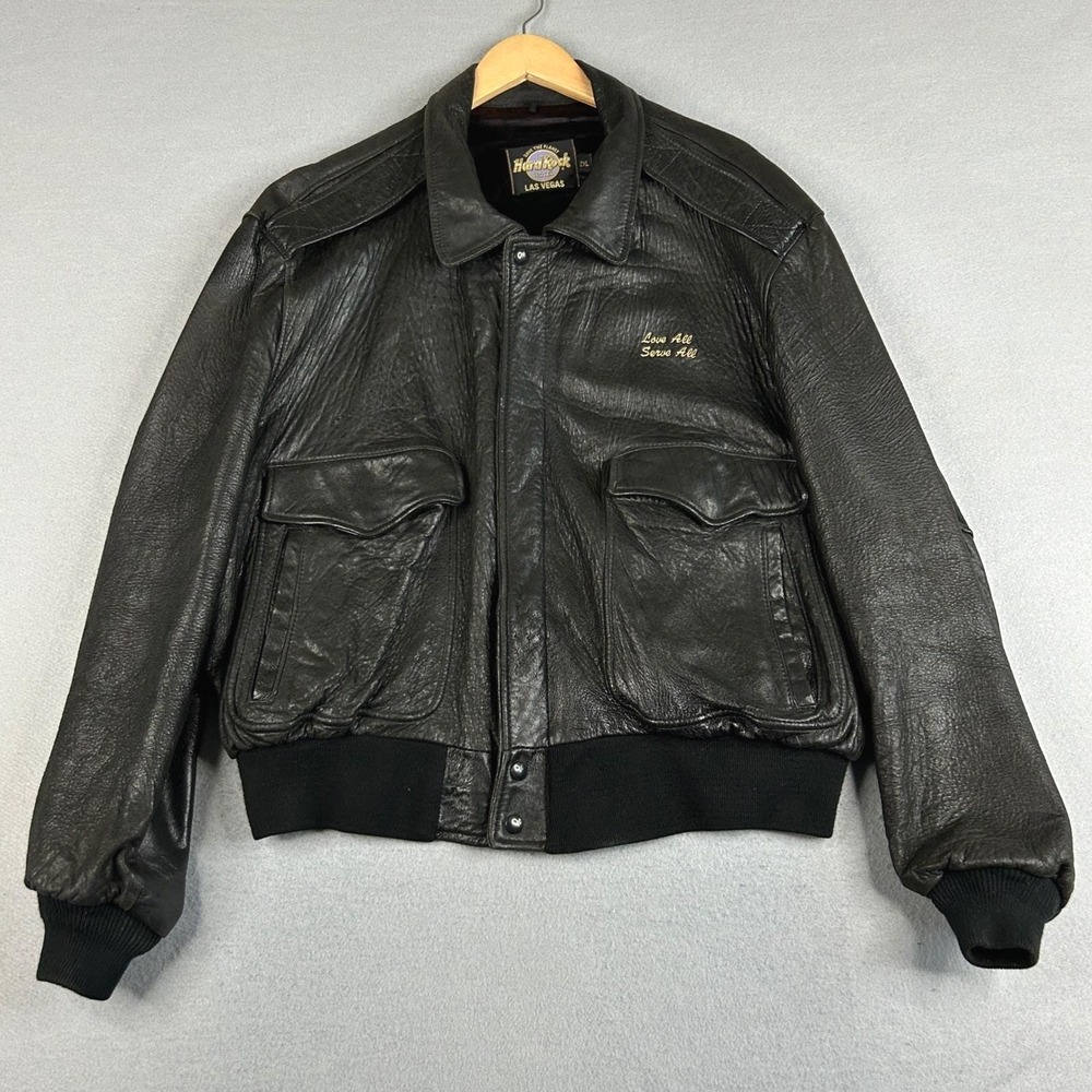 Hard Rock Hotel Bomber Jacket Men 2XL Black Leather Vintage Las Vegas Logo Coat